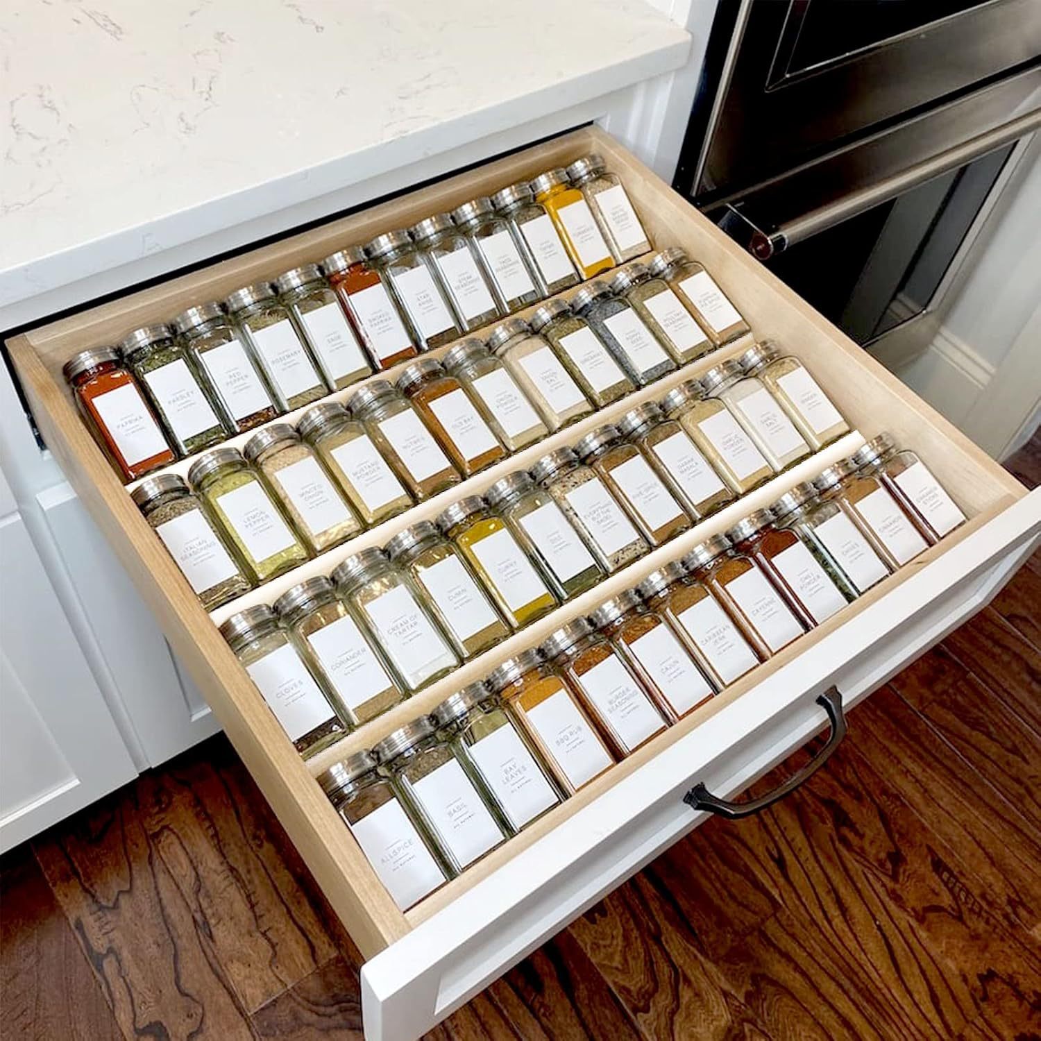 Kitchen Drawer Spice Organizer | Slim Acrylic Rack for Neat, Labeled Storage