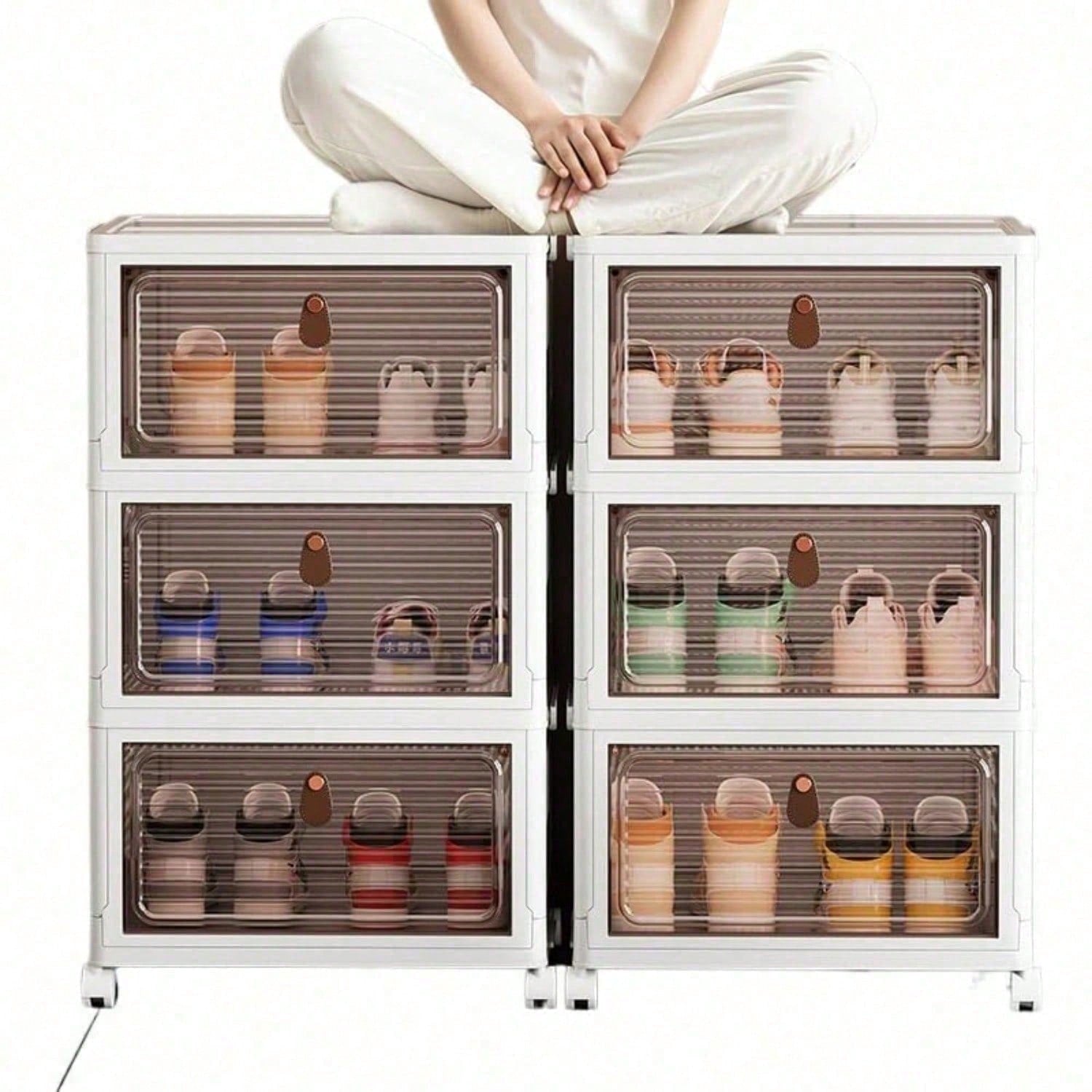 Stackable Shoe Cabinet with Clear Doors | Wheeled Closet Storage Tower for Small Spaces