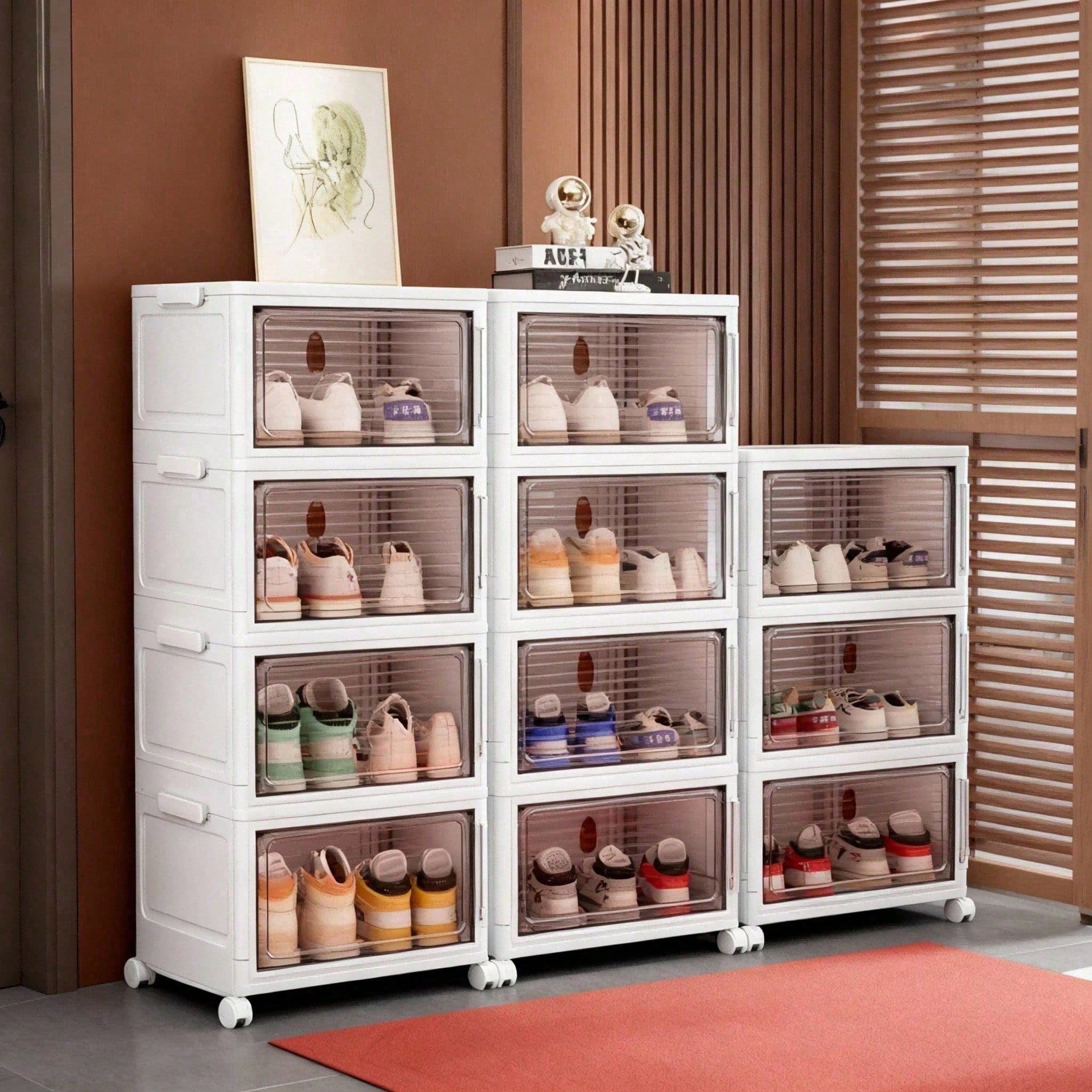 Stackable Shoe Cabinet with Clear Doors | Wheeled Closet Storage Tower for Small Spaces