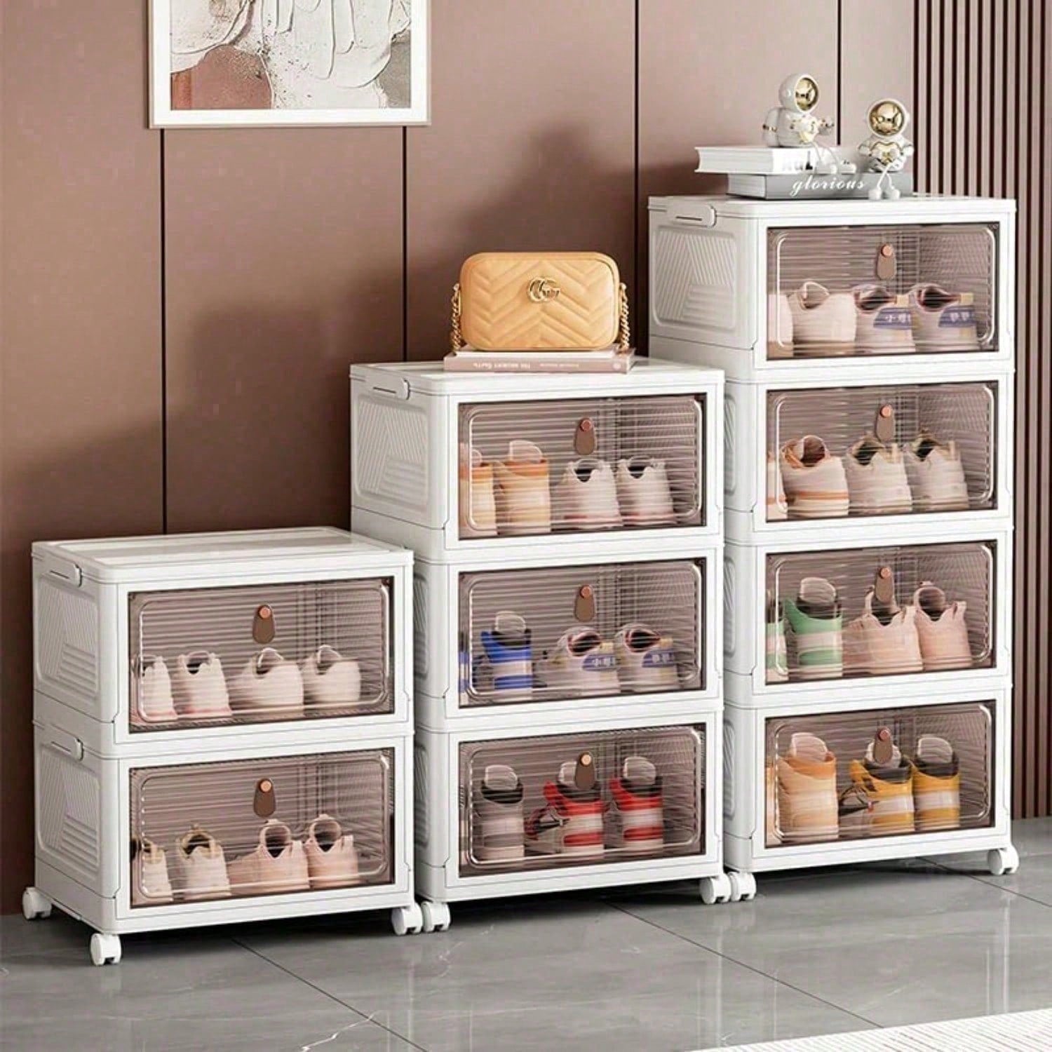 Stackable Shoe Cabinet with Clear Doors | Wheeled Closet Storage Tower for Small Spaces